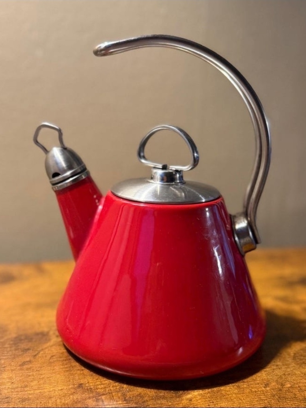 Red Enamel Whistling Teakettle with Curved Stainless Handle